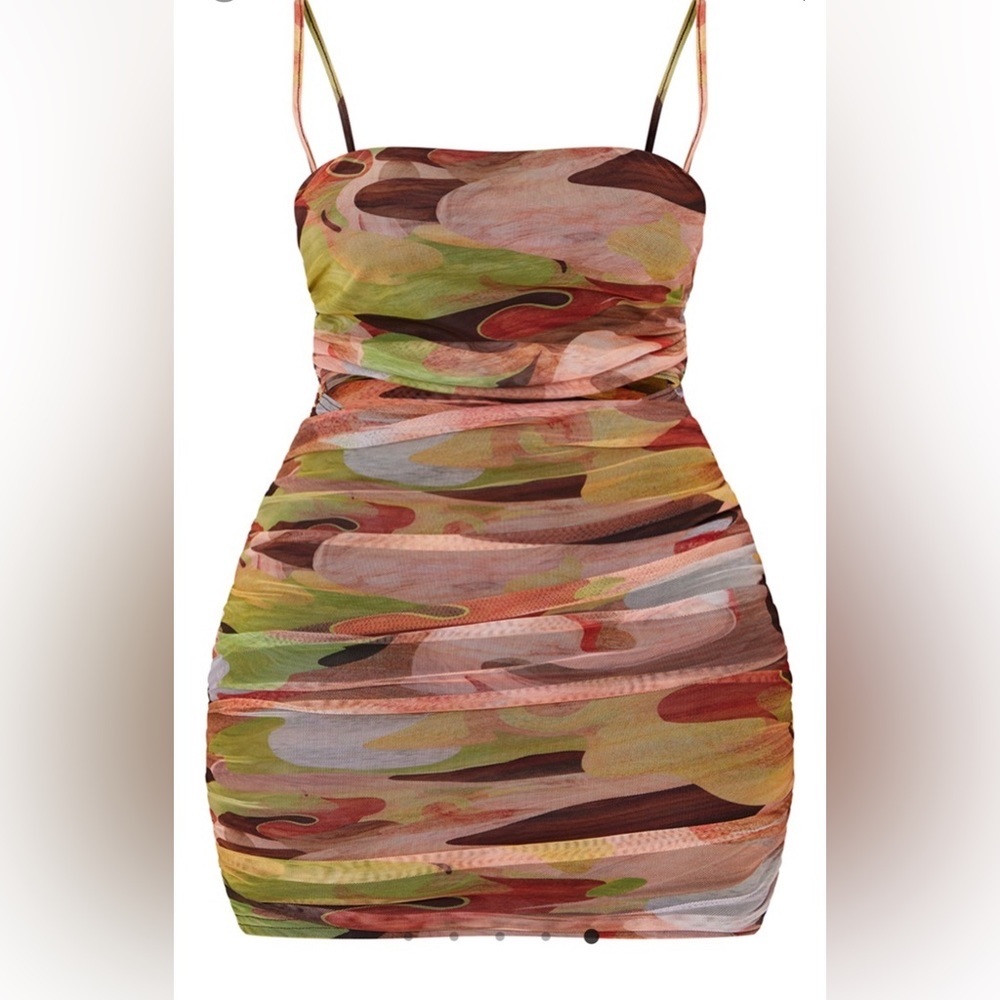 Shape Green Abstract Print Mesh Cut Out Ruched Bodycon Dress